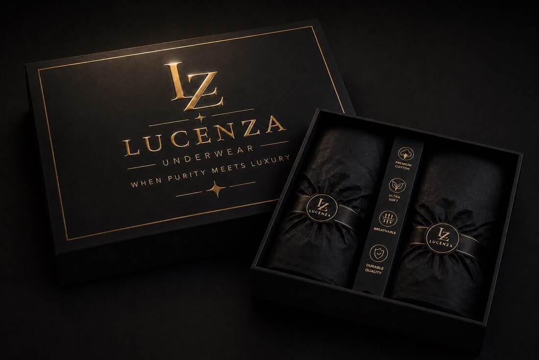 The LUCENZA box — gold-embossed lid beside the open set, garments wrapped in black tissue