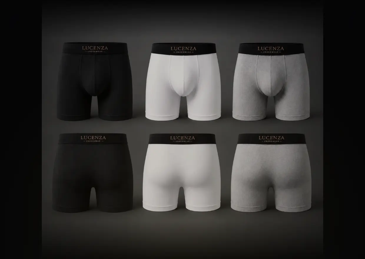 LUCENZA boxer briefs — black, white and grey, front and back
