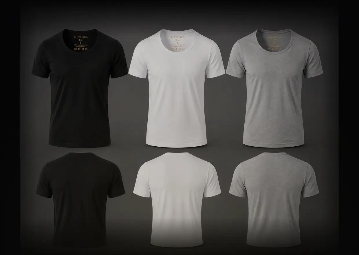 LUCENZA crew-neck shirts — black, white and grey, front and back
